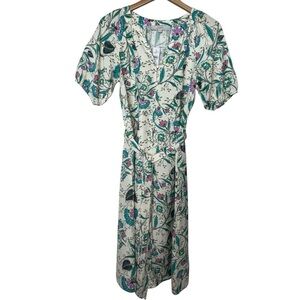 LOFT NWT Floral Linen Blend V-Neck Puff Sleeve Midi Dress Cream Short Sleeve XS